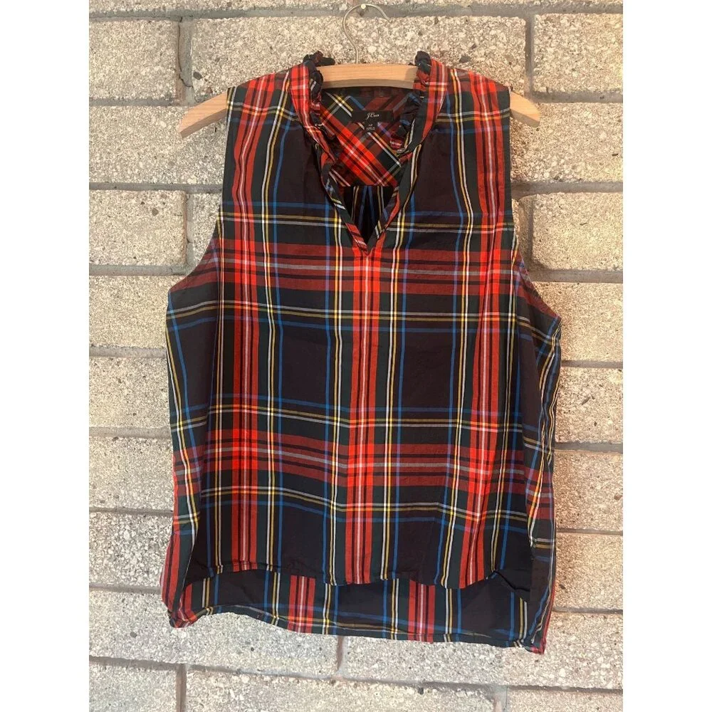 J.Crew Plaid Sleeveless Ruffle Neck Blouse In Vibrant Multicolor Tartan Pattern - Picture 1 of 5